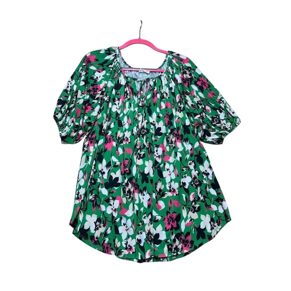 Splash Green Floral Tunic Top Pink White Black Puff Sleeve Tie Neck Blouse